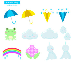 梅雨 雨 アイコンセット 。傘、虹、雲、てるてる坊主、紫陽花。ベクターイラスト