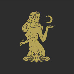 Esoteric woman goddess with naked body holding half moon decorative design grunge texture vector