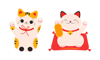 White Maneki Neko, cute Asian lucky cats set. Fortune, folklore toy cartoon vector illustration