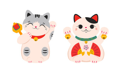 Fototapeta premium White Maneki Neko, Asian lucky cats set cartoon vector illustration