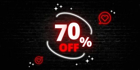 70% off limited special offer. Banner with seventy percent discount on a black bricks background with white circle and neon red