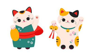 Cute Maneki Neko, Japanese lucky cats, fortune, folklore symbol cartoon vector illustration