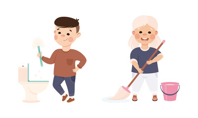 Kids doing household chores set. Boy cleaning toilet bowl, girl mopping floor with mop cartoon vector illustration i