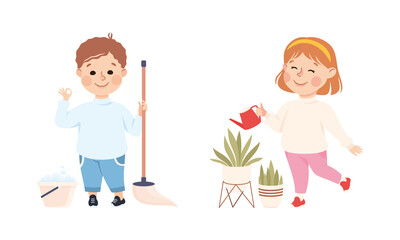 Kids doing household chores set. Cute boy mopping floor, girl watering houseplants cartoon vector illustration