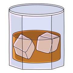 Cartoon Illustration of whiskey on rocks on white background