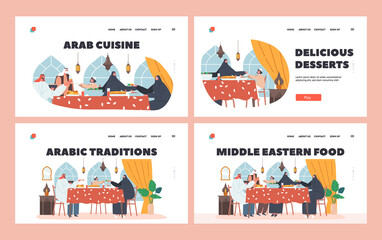 Arabian Food Landing Page Template Set. Traditional Arab Family Characters Eating Dinner Sitting Together at Table