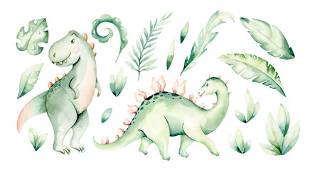 Watercolor cute dino. Dinosaurs Set Isolated on a White Background Hand Drawn Illustration, Baby shower invitation kids birthday jurassic party. cartoon tyrannosaurus decor