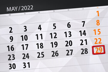 Fototapeta premium Calendar planner for the month may 2022, deadline day, 29, sunday