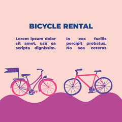 Vector illustration of bicycle rental. Men's and woman's bikes against each other.  Bike equipment for the whole family. Hand drawn illustration. 