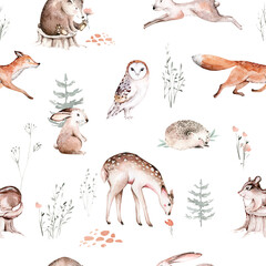 Watercolor Woodland animal Scandinavian seamless pattern. Fabric wallpaper background with Owl, hedgehog, fox and butterfly, rabbit forest squirrel and chipmunk, bear and bird baby animal,