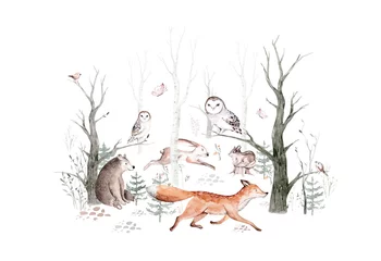  Woodland animals set. Owl, hedgehog, fox and butterfly, Bunny rabbit set of forest squirrel and chipmunk, bear and bird baby animal, Scandinavian Nursery wolf watercolor kids poster design © kris_art