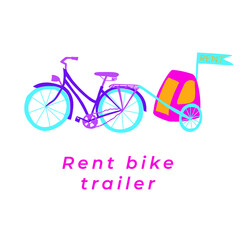Fototapeta na wymiar Bicycle with a bike trailer attached to it. Rent equipment for child transportation. Vector illustration with bright colors.