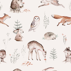 Fototapety  Watercolor Woodland animal Scandinavian seamless pattern. Fabric wallpaper background with Owl, hedgehog, fox and butterfly, rabbit forest squirrel and chipmunk, bear and bird baby animal,