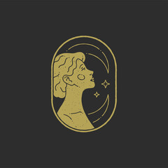 Esoteric young woman head in oval border with half moon and stars minimalist grunge texture