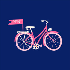 Isolated women's bike against a dark background. Cute colors of vector illustration. Hand drawn style. 