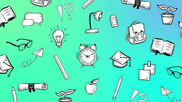 Animated Hand Drawn Retro Style Education Stationary Motion Pattern Design School Elements 4K animation Back to school background Teacher's day Stationary or Studying Concept Moving Gradient Backdrop.