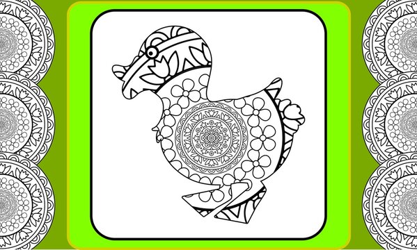 Duck coloring page for children and adults. Pattern isolated. Cartoon character duck decorative element. Raster anti stress background. Funny doodle sketch style with a bird.