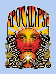 nuclear explosion and rising sun, inscription: apocalypse, retro print on t-shirt