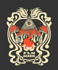 fly agaric and masonic pyramid, psychedelic journey, t-shirt print, retro style poster