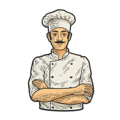 chef man in chef hat toque line art color sketch engraving vector illustration. T-shirt apparel print design. Scratch board imitation. Black and white hand drawn image. - obrazy, fototapety, plakaty