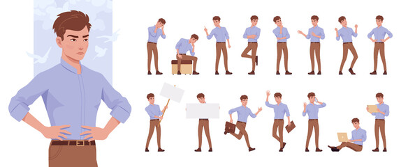 Young businessman, manager character set, corporate business bundle, different poses, gestures, emotions, various office situations. Vector flat style cartoon character isolated on white background - obrazy, fototapety, plakaty