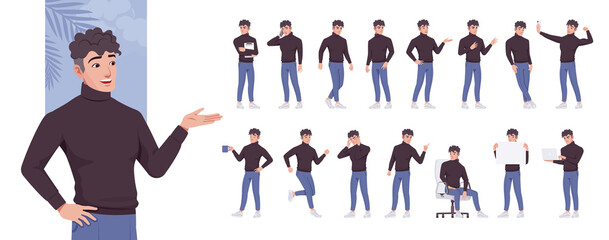 Young smart businessman, manager character set, corporate business bundle, different poses, gestures, emotions, various office situation. Vector flat style cartoon character isolated, white background