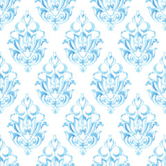 Ogee seamless pattern. White and blue watercolor illustration. Print for home textiles.
