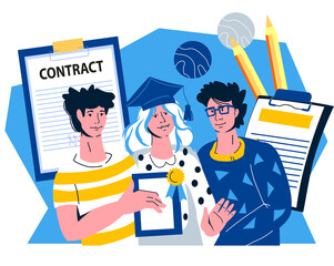 Candidates for vacancies, graduates with a diploma, flat vector illustration.
