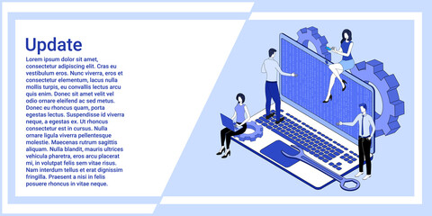 Update.People on the background of a laptop are updating the operating system . The concept of digital product support.An illustration in the style of the landing page is blue.