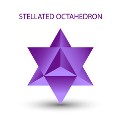 Vector purple Stellated Octahedron, also called Stella octangula, and Polyhedra Hexagon, geometric polyhedral compounds on a white background with a gradient for game, icon, packaging design or logo. - obrazy, fototapety, plakaty
