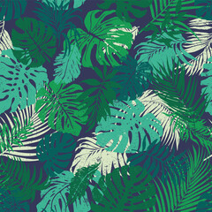 Fototapeta na wymiar Tropical palm leaves patchwork wallpaper abstract grunge vector seamless pattern 