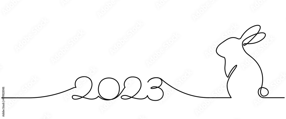 Aufkleber continuous one line drawing of bunny symbol of 2023 year. fluffy rabbit silhouette in simple linear 