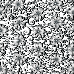 Grey flowers, swirl pattern, white background. Seamless floral pattern, vector.
