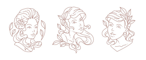 Obraz premium Hand drawn minimalist logo set Greek antique woman bust design decorative butterfly and branches