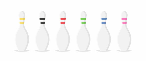 Bowling pin in flat style. Bowling pin group in different colors. Vector stock