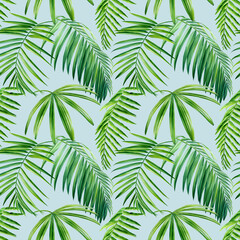 Palm leaves on blue background, tropical plants watercolor botanical illustration. Seamless patterns.