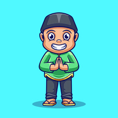 Cute Boy and Girl Muslim Celebrating Eid Mubarak Cartoon Illustration. Ramadan Kareem Illustration Concept