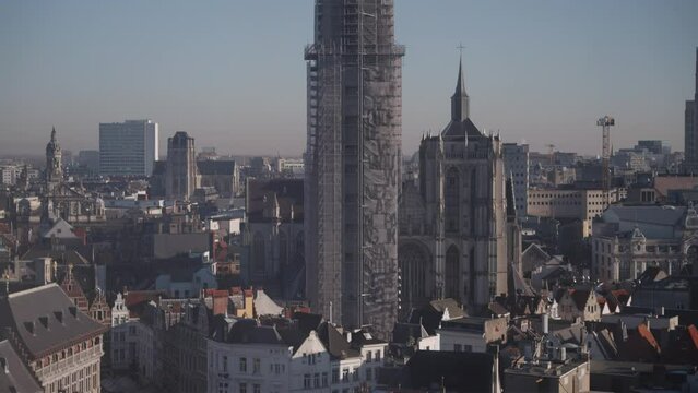 Incredible view of Antwerp skyline and tower during construction repair rebuild slow motion 4k 30p