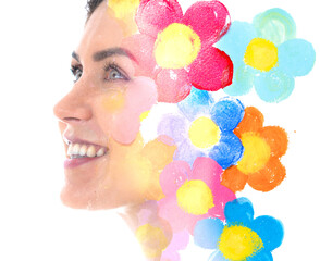 Paintography. Colorful flowers combined with a portrait of a charming woman