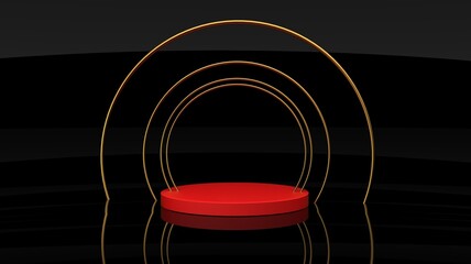 Abstract red  podium luxury and modern platform for product display advertising with golden circle 
