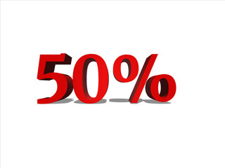 Sale 50%. 50 percent discount text on white background, banner. 3d illustration
