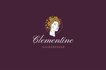 Antique woman head in flower wreath circle golden frame art deco minimalist logo design vector