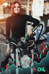 Fototapeta na wymiar Shot of happy redhead woman refilling her motorbike in gas station and graphs with price increase.