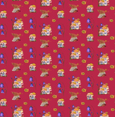 Children's illustration of mushrooms, house, hedgehog, flowers. Seamless pattern