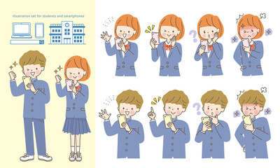 スマホを操作する男女の学生　表情セット