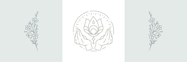 Esoteric mindfulness simple linear logo hands namaste lotus flower botanical pastel card set vector