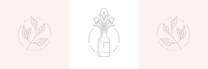 Elegant minimalist hand drawn logo natural plant branches with leaves and buds pastel greeting card