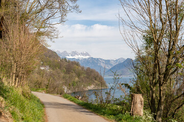 View over the lake Walensee and the alps in Weesen in Switzerland