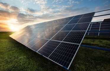 Solar panels on sky background. Solar power plant. Green electricity.