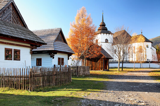 Wooden cottages in village. Rural architecture in open-air museum Pribylina at Slovakia